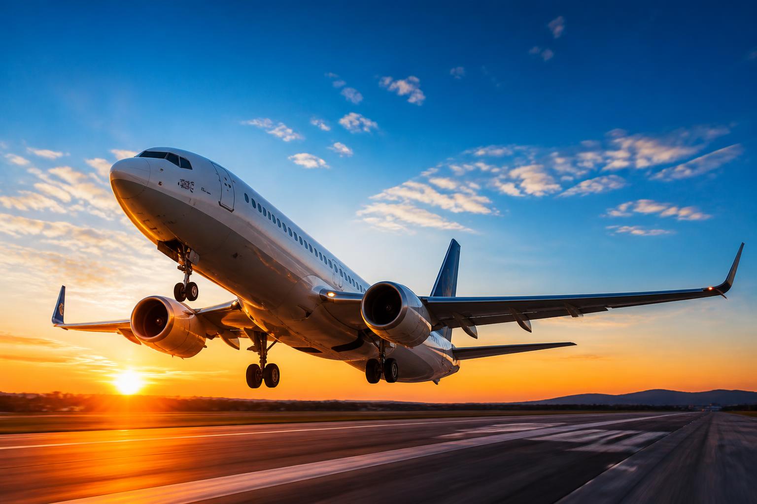 Commercial aircraft taking off at sunrise