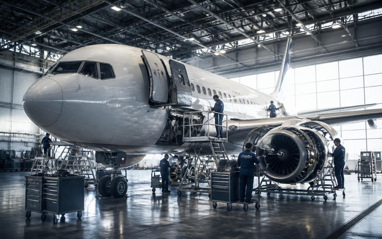 Aircraft being maintained by technicians inside an MRO hangar